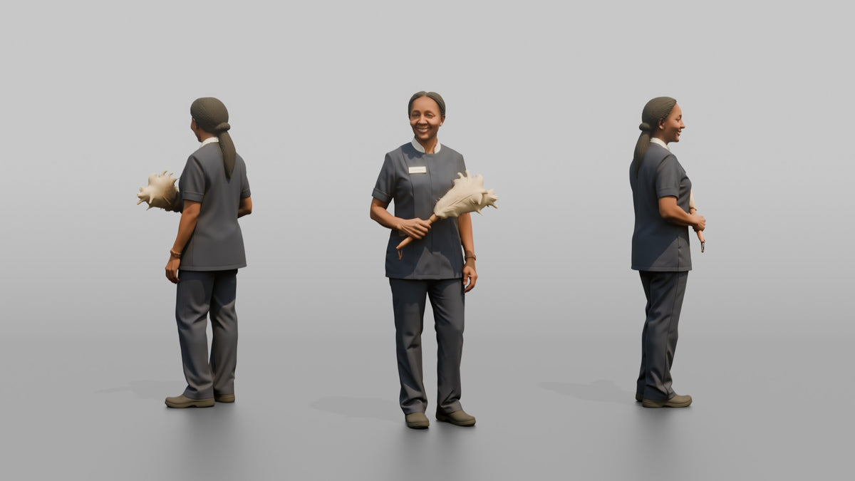 Housekeeping Staff Man Holding A Feather Duster - 3D character model, view 1