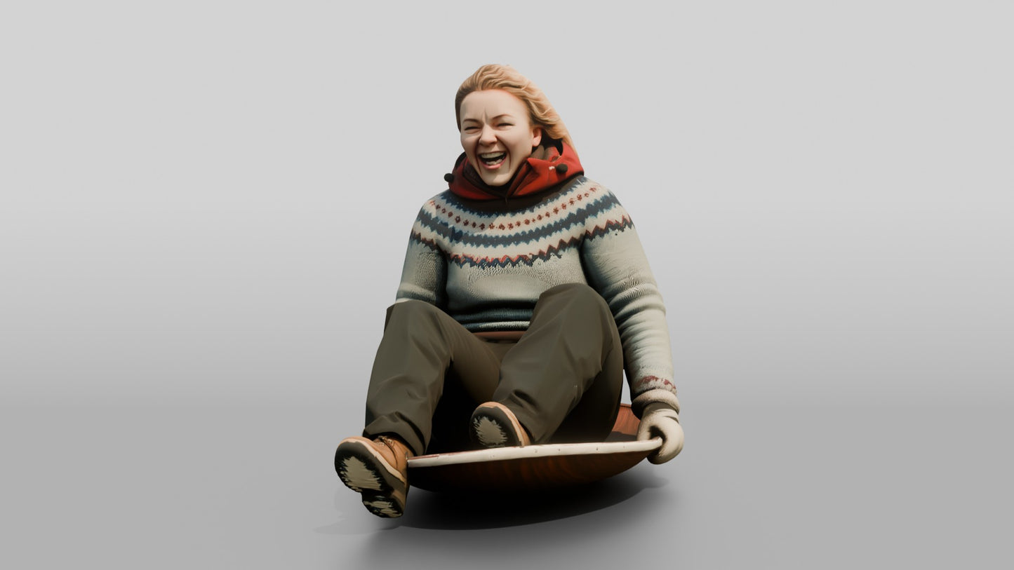 Norwegian Woman Sledding Down a Slope