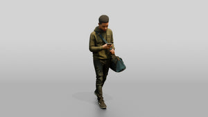 Young Black Man Walking and Looking at Phone with Duffel Bag - 3D character model, view 1