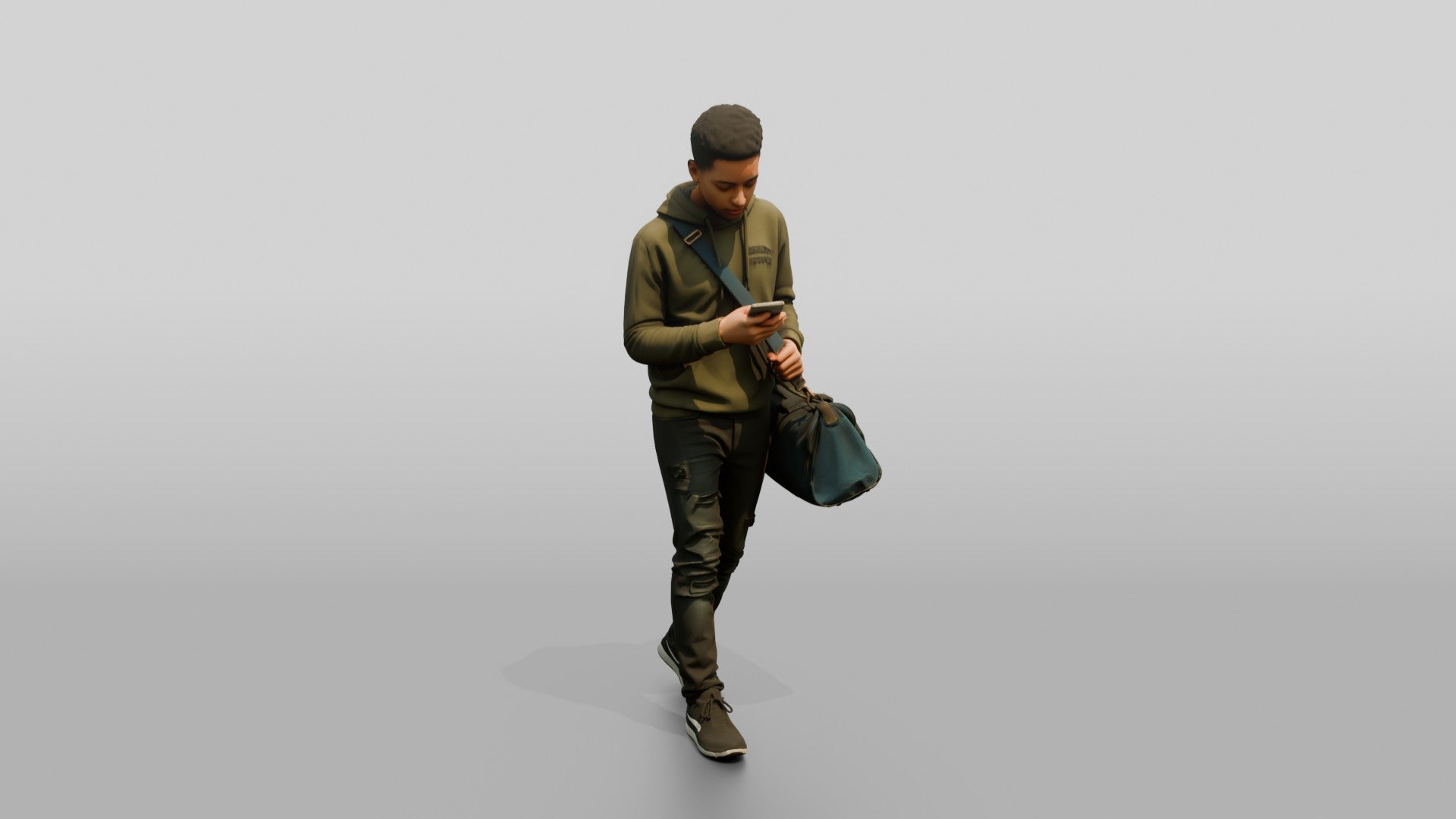 Young Black Man Walking and Looking at Phone with Duffel Bag