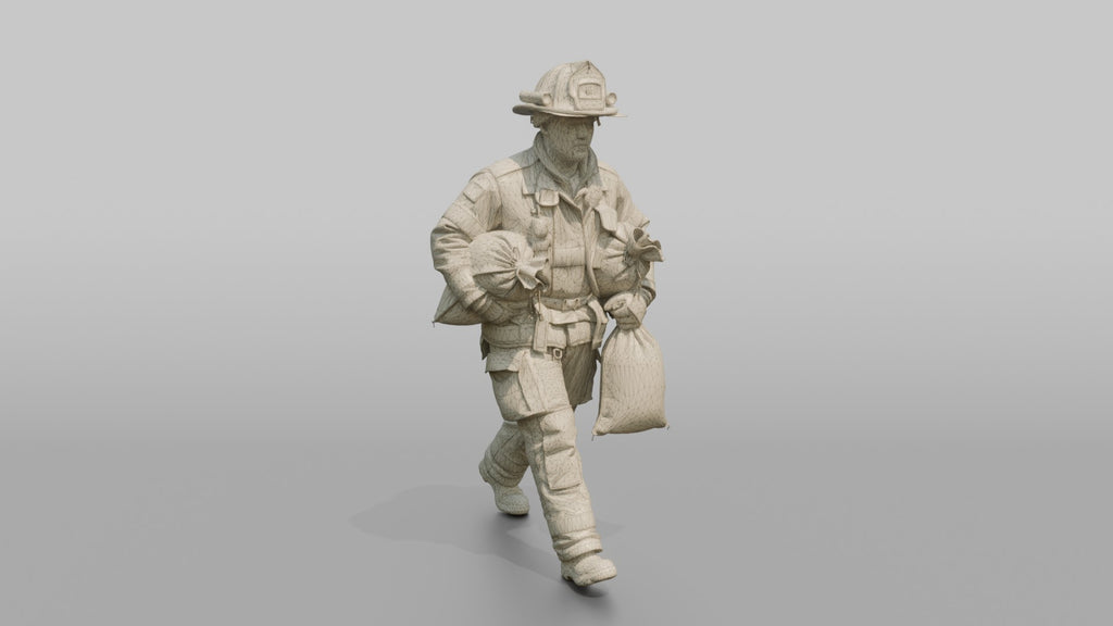 Firefighter Man Hauling a Sandbag Under Each Arm