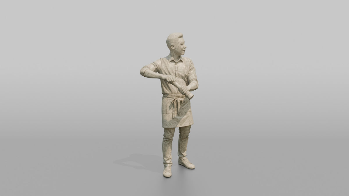 Server Woman Holding A Pepper Grinder, Mid-grind - wireframe topology preview
