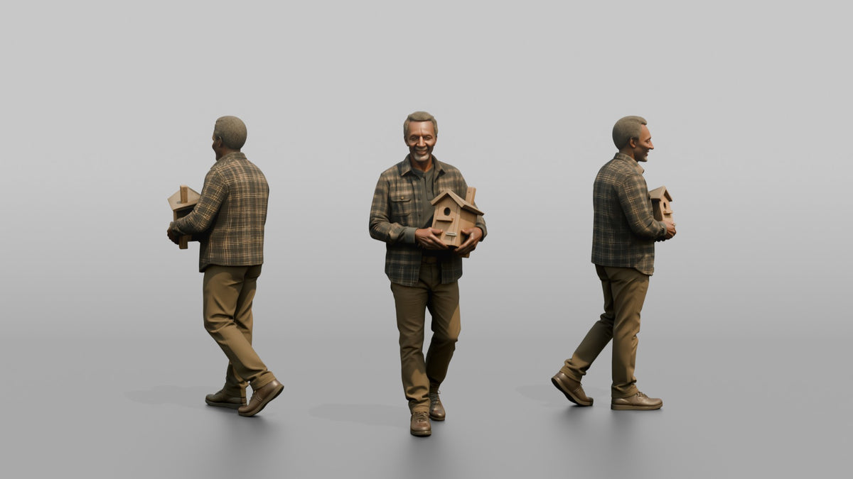 Grandfather Carrying A Small Wooden Birdhouse In Both Hands - 3D character model, view 1