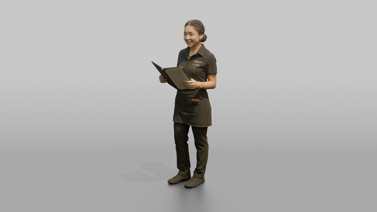 Bartender Woman Holding A Bar Menu Open - 3D character model, view 4