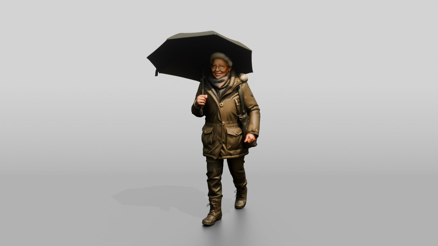 Elderly Black Woman in Heavy Coat with Umbrella