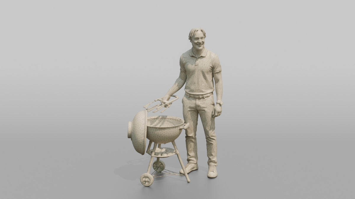 Father Holding Barbecue Tongs, Standing Beside A Grill - wireframe topology preview