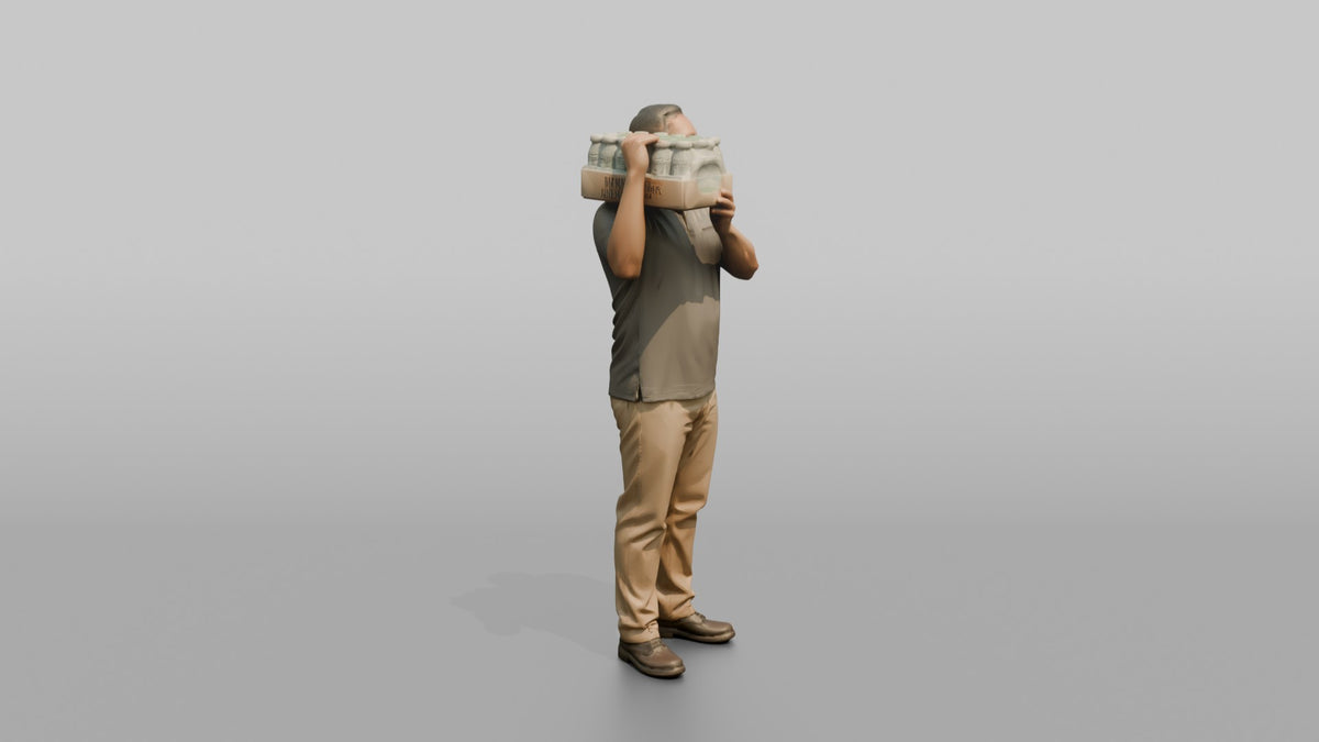 Father Carrying A Case Of Bottled Water On One Shoulder - 3D character model, view 2