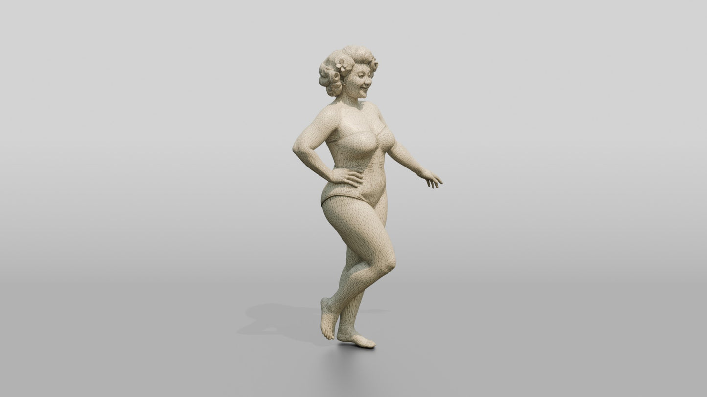 Curvy Woman in Coral One-Piece Swimsuit Playful Pose
