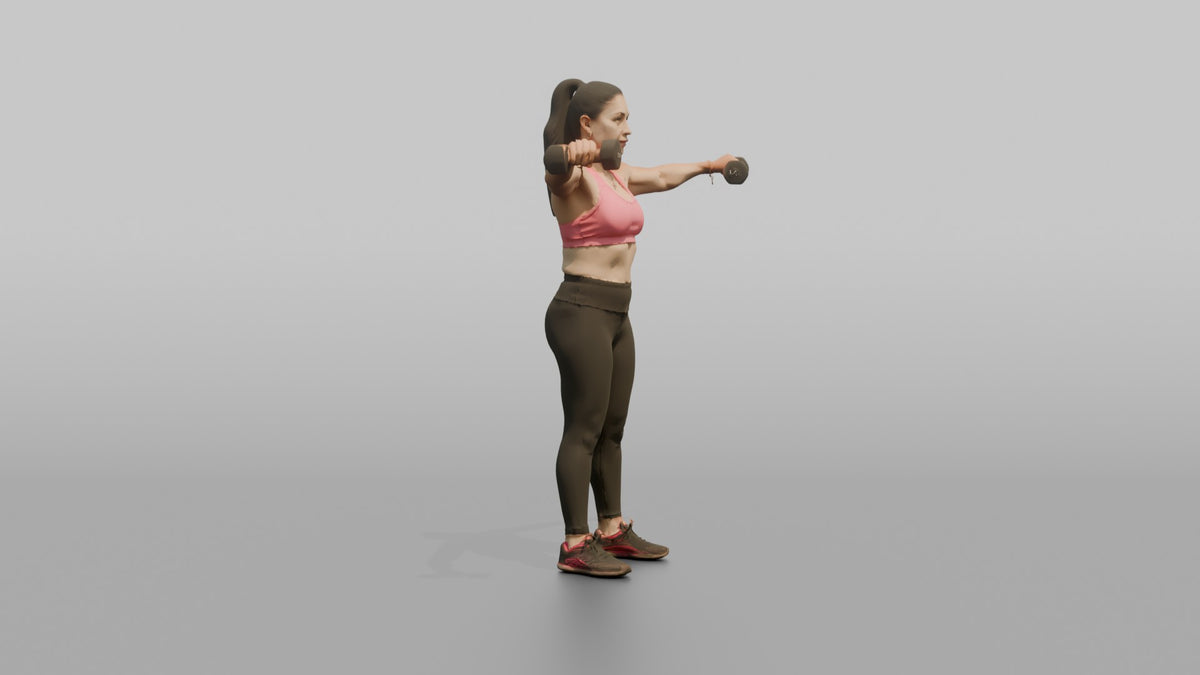 Weightlifter Woman Doing A Dumbbell Lateral Raise - 3D character model, view 2