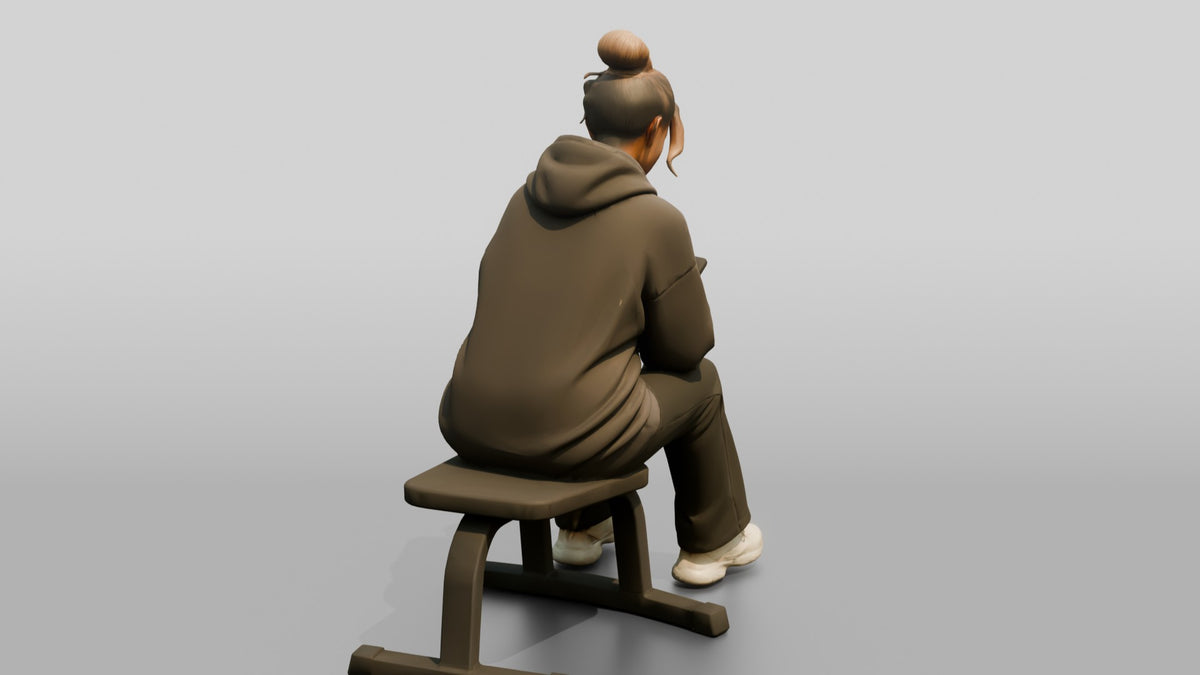Woman Sitting on Bench with Phone - 3D character model, view 3
