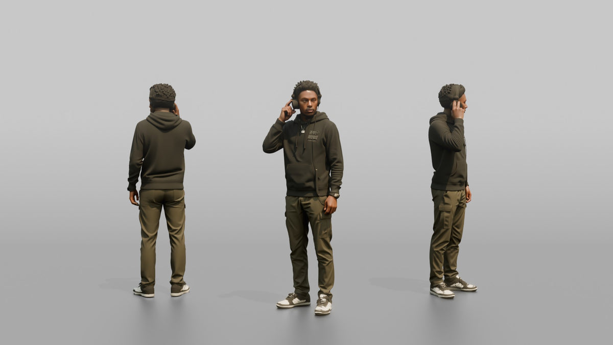 Club DJ Man Wearing Headphones, One Hand Adjusting Them - 3D character model, view 1