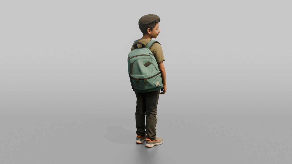 Son Carrying A Backpack By One Strap Over His Shoulder - 3D character model, view 2
