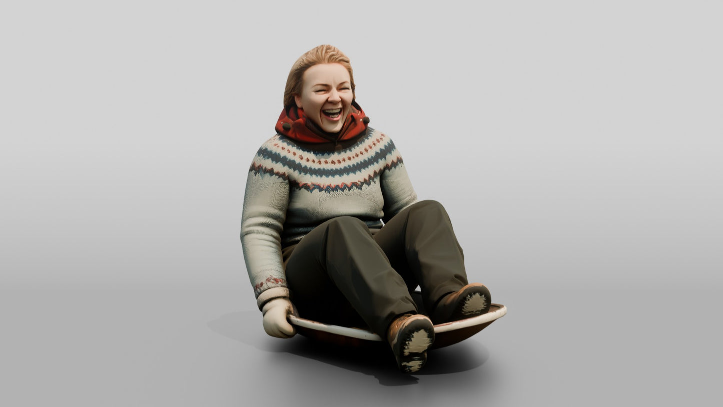 Norwegian Woman Sledding Down a Slope