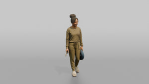 Vacationer Wearing Matching Ribbed Lounge Set And Slides - 3D character model, view 1
