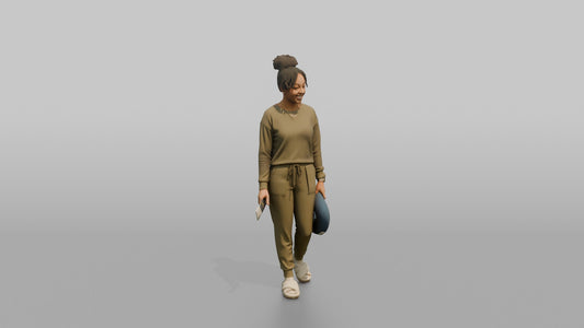 Vacationer Wearing Matching Ribbed Lounge Set And Slides - 3D character model, view 1