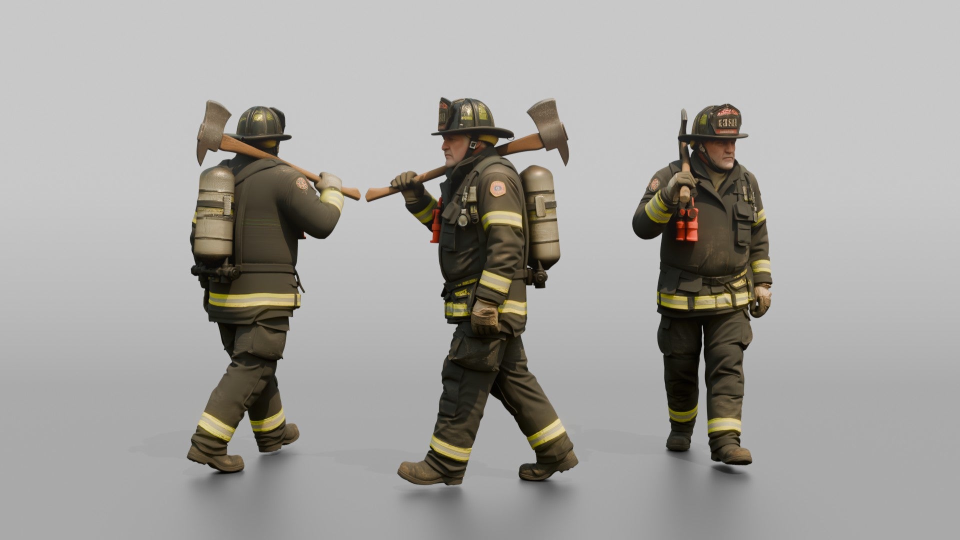 Firefighter Man Carrying a Flathead Axe Across His Shoulder