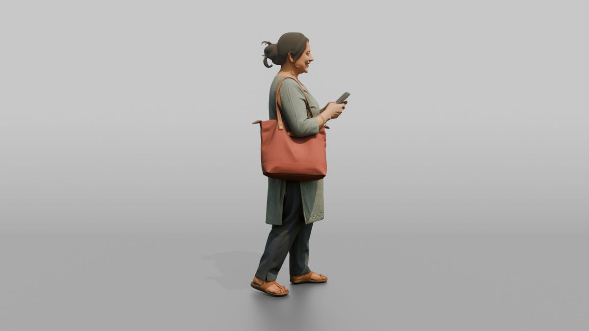 Mother Carrying A Large Tote Bag, Phone In Her Other Hand - 3D character model, view 2