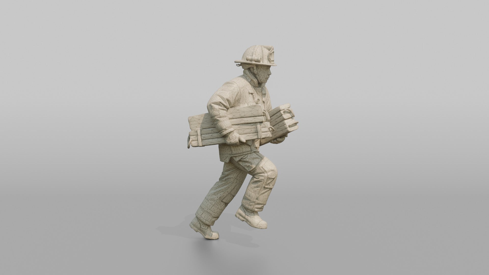 Firefighter Man Sprinting Forward While Carrying Heavy Wooden Stabilization Chocks