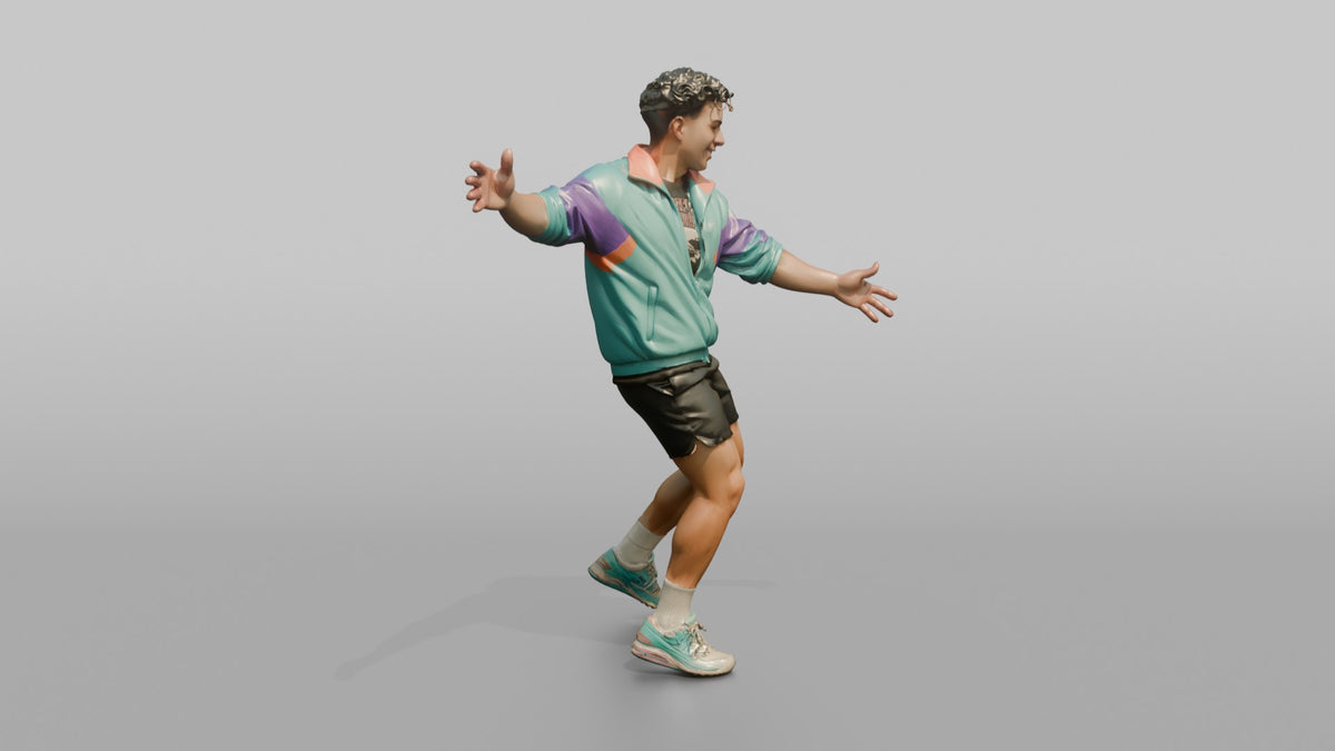 Patron Man Wearing A Bright Windbreaker Jacket, Arms Out Mid-dance - 3D character model, view 2