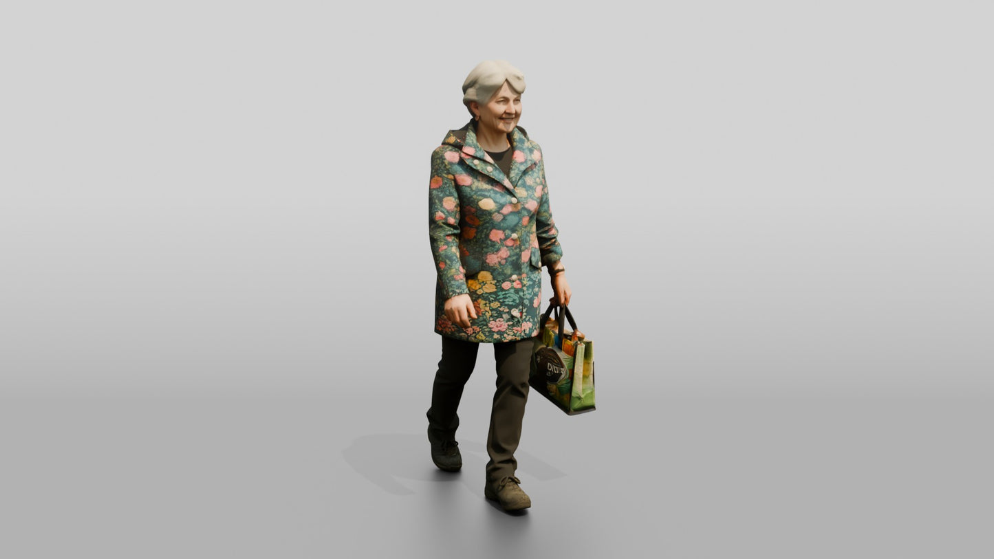 Elderly White Woman in Floral Raincoat with Shopping Bag