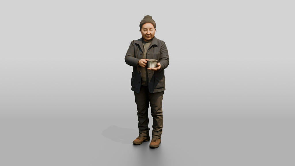 Homeless Woman Holding Out a Small Metal Cup