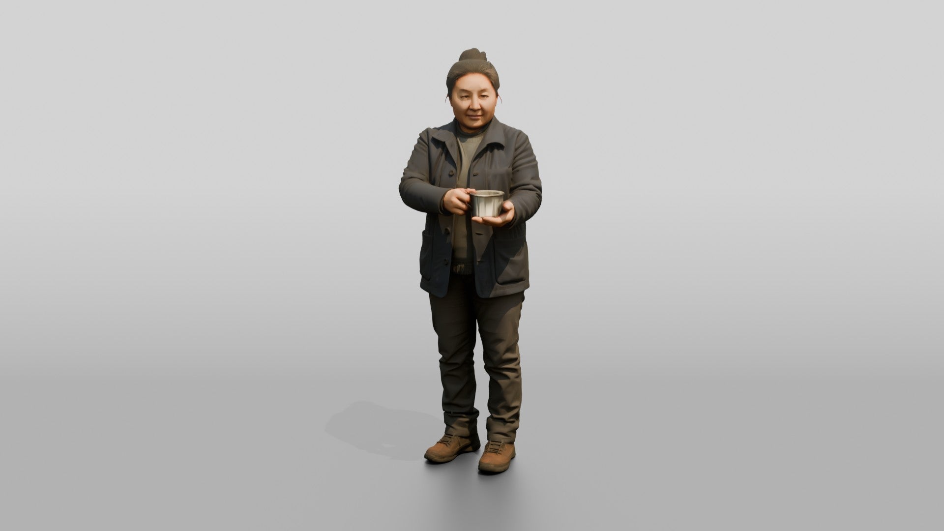 Homeless Woman Holding Out a Small Metal Cup