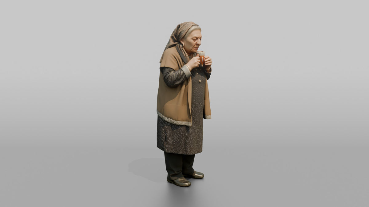 Grandmother Holding A Cup Of Tea, Blowing On It Gently - 3D character model