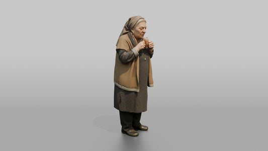 Grandmother Holding A Cup Of Tea, Blowing On It Gently - 3D character model