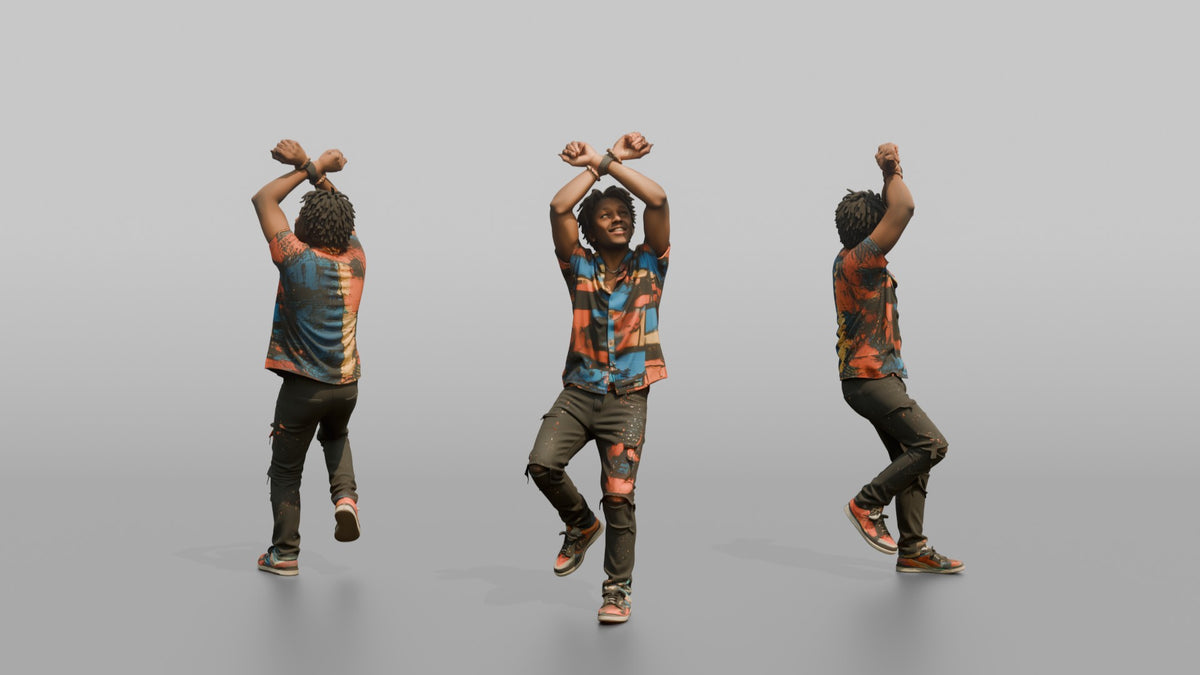 Patron Woman Dancing With Both Arms Crossed Overhead, Colorful Streetwear - 3D character model, view 1