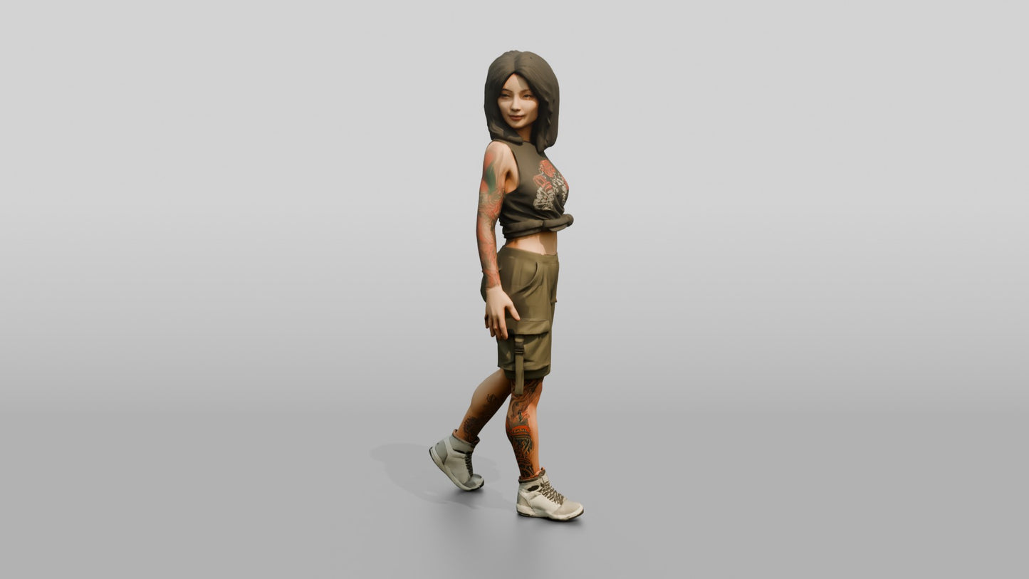 Tattooed Woman Walking in Cargo Shorts and Tank Top
