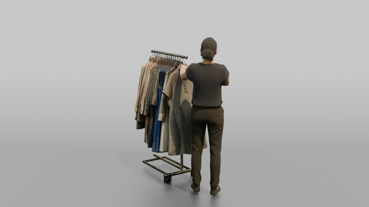 Woman Sales Associate Straightening A Rack Of Dresses - 3D character model, view 3