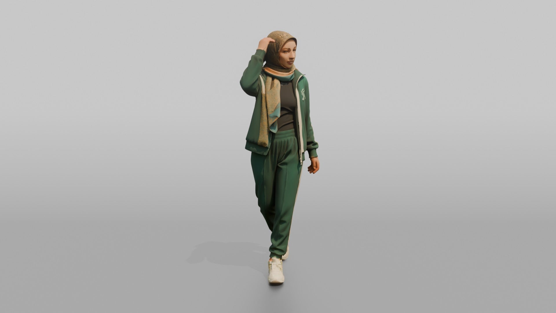 Hijab Woman in Green Tracksuit Walking