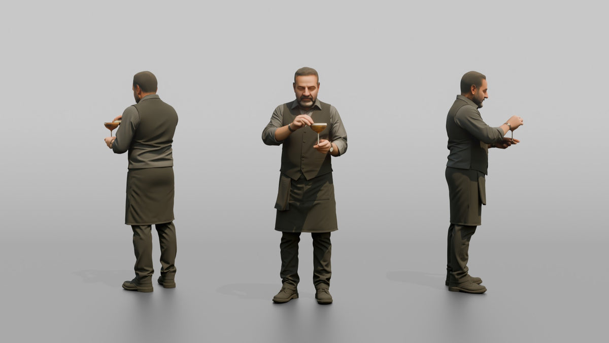 Bartender Man Garnishing A Cocktail With A Lime Wedge - 3D character model, view 1