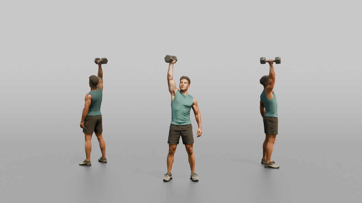 Weightlifter Man Pressing A Dumbbell Overhead With One Arm - 3D character model, view 1