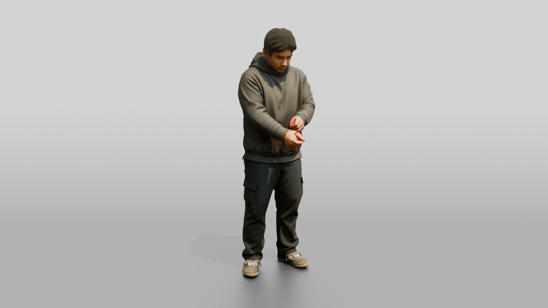 Homeless Man Adjusting His Worn Hoodie