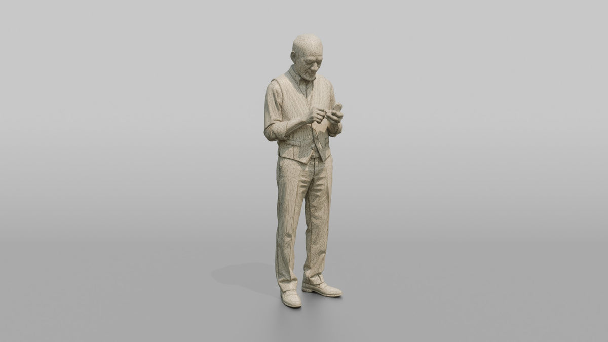 Grandfather Holding A Pocket Watch, Checking The Time - wireframe topology preview