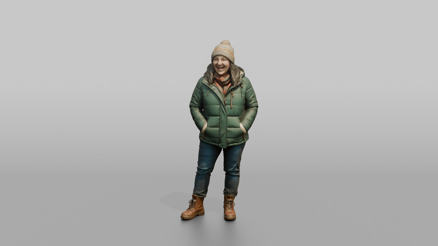 British Woman Laughing in a Puffer Jacket