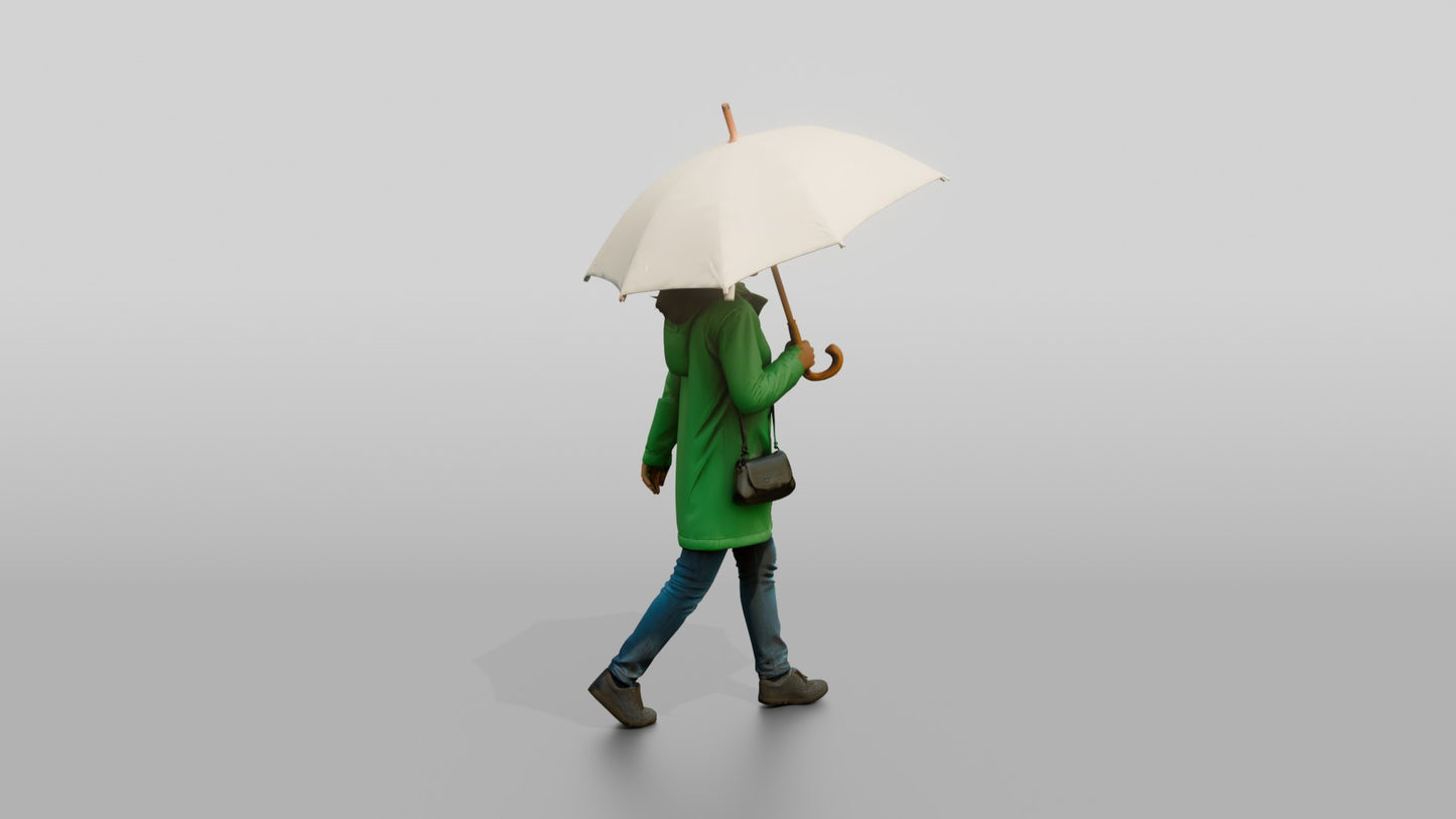 Indian Woman in Green Raincoat with White Umbrella