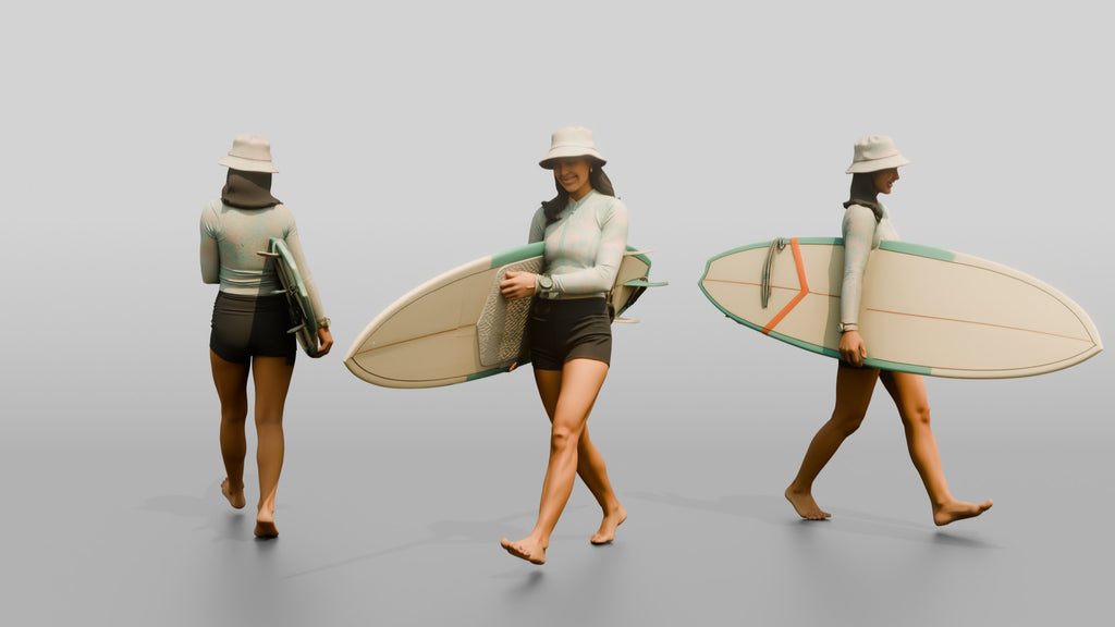 Woman Balancing Surfboard Adjusting Wax Grip