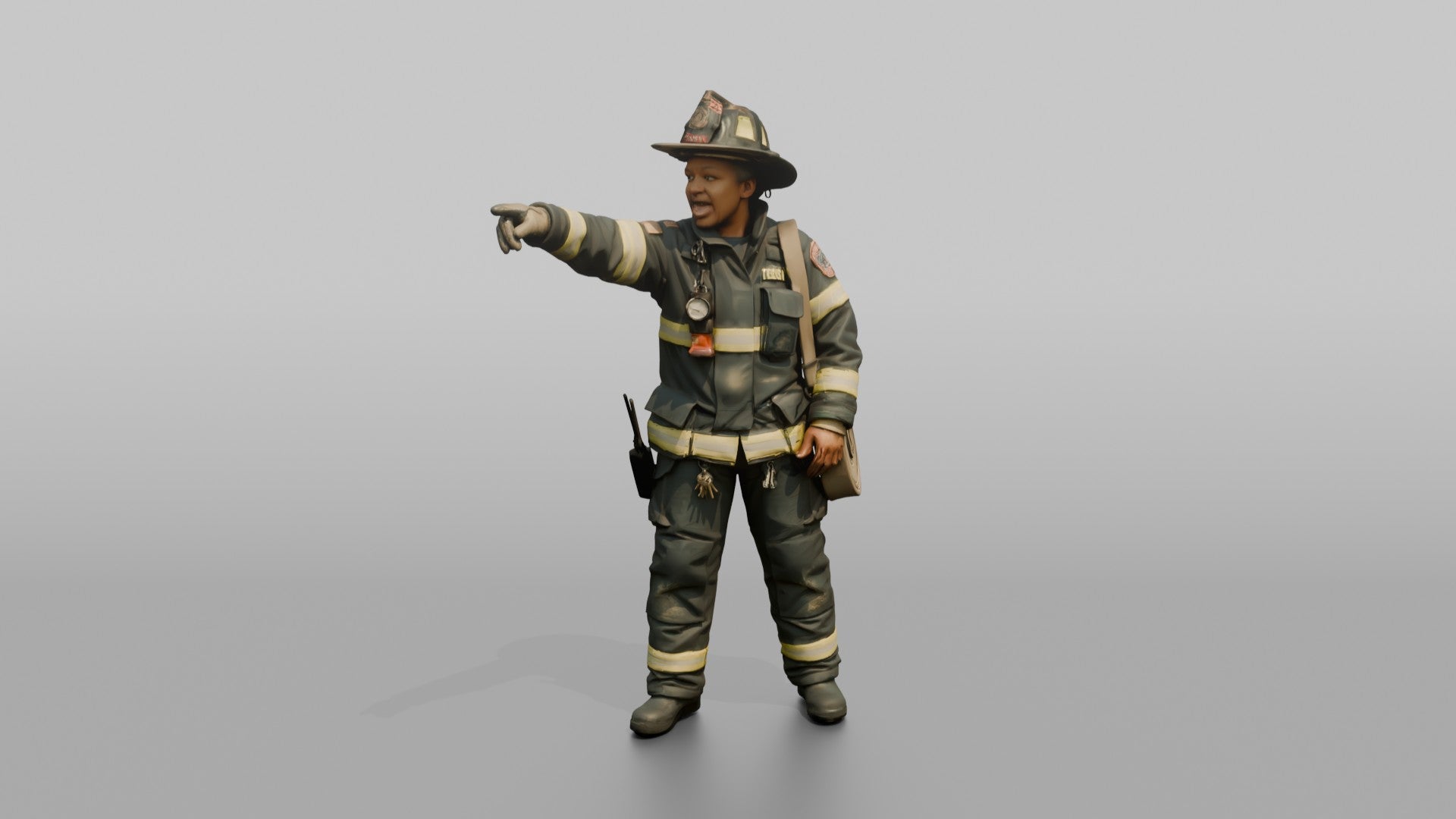 Firefighter Woman Pointing Urgently Off-camera While Calling Out Instructions