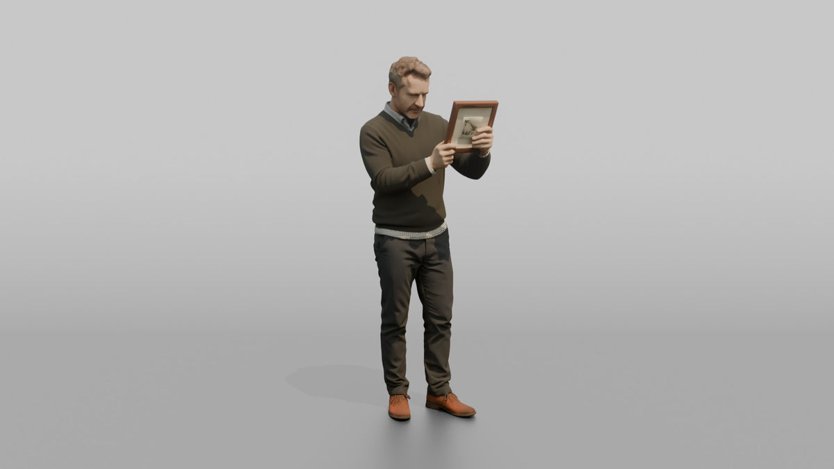 Man Customer Holding Up A Picture Frame To Inspect It Closely - 3D character model, view 5