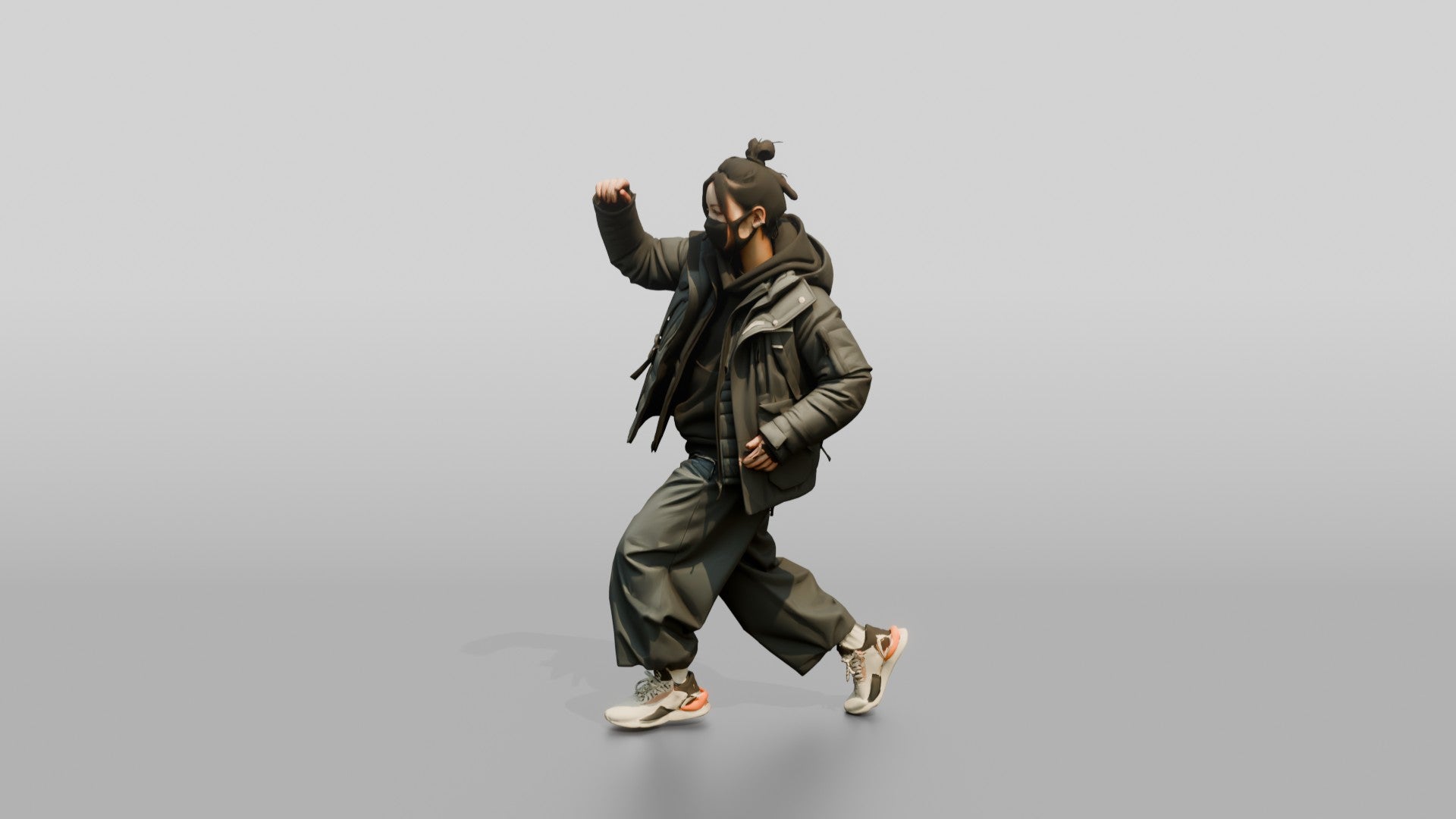 Techwear Woman in Puffer Jacket Mid-Stride