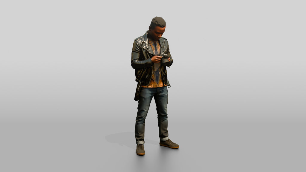 African Man in a Leather Jacket Checking a Camera