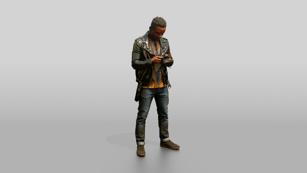 African Man in a Leather Jacket Checking a Camera - 3D character model, view 1