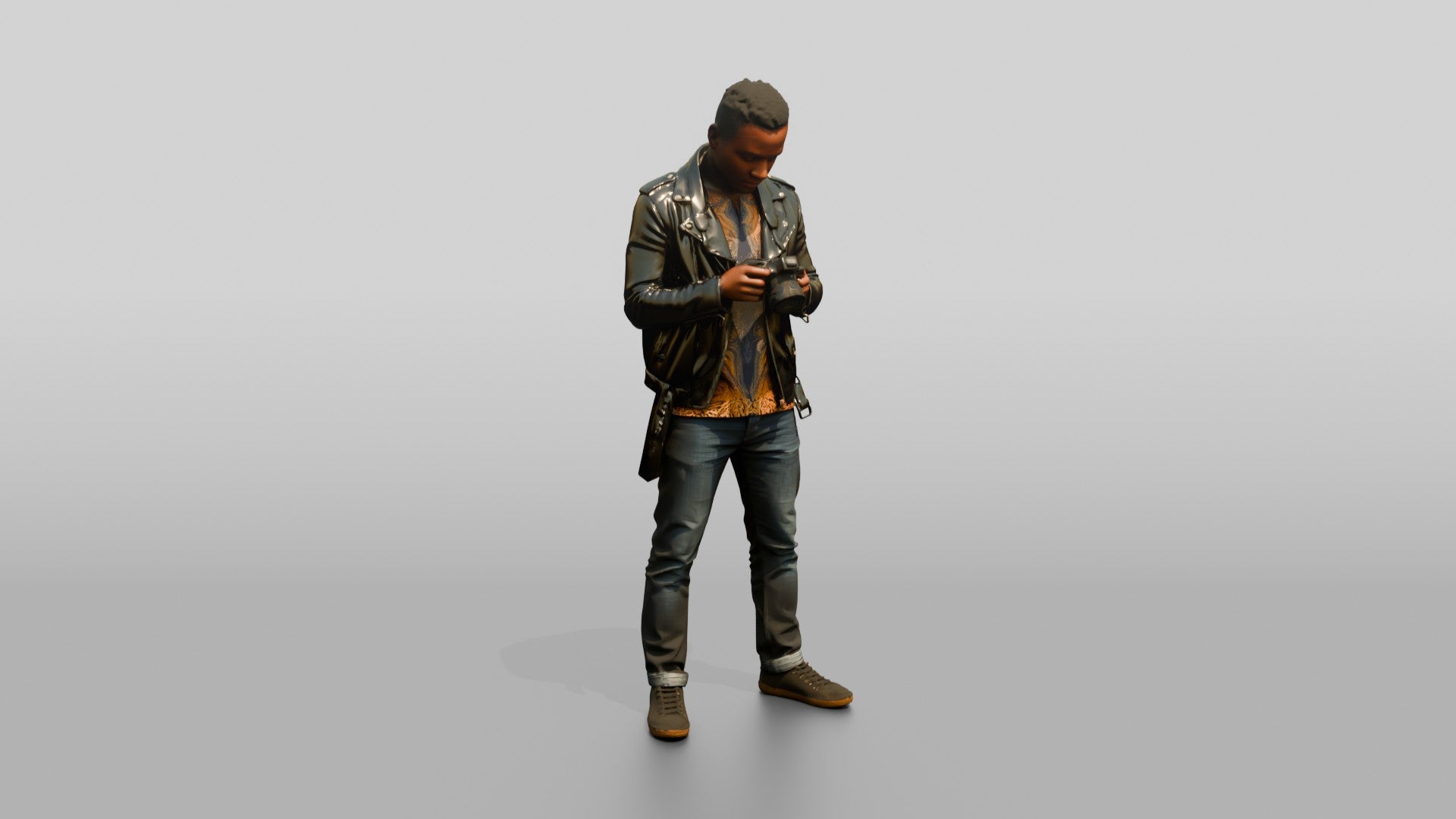 African Man in a Leather Jacket Checking a Camera