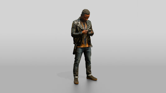 African Man in a Leather Jacket Checking a Camera - 3D character model, view 1