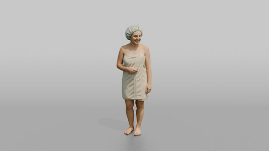 Spa Client Woman Standing Wrapped In A Towel, Hair In A Shower Cap - 3D character model