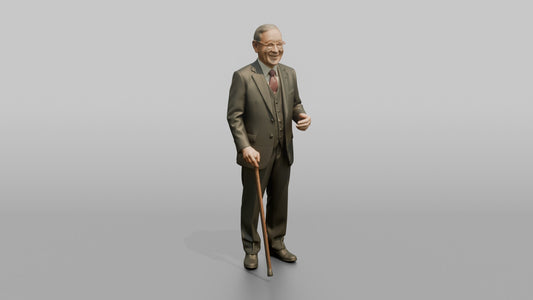 Elderly Wedding Guest with a Wooden Walking Stick - 3D character model, view 1