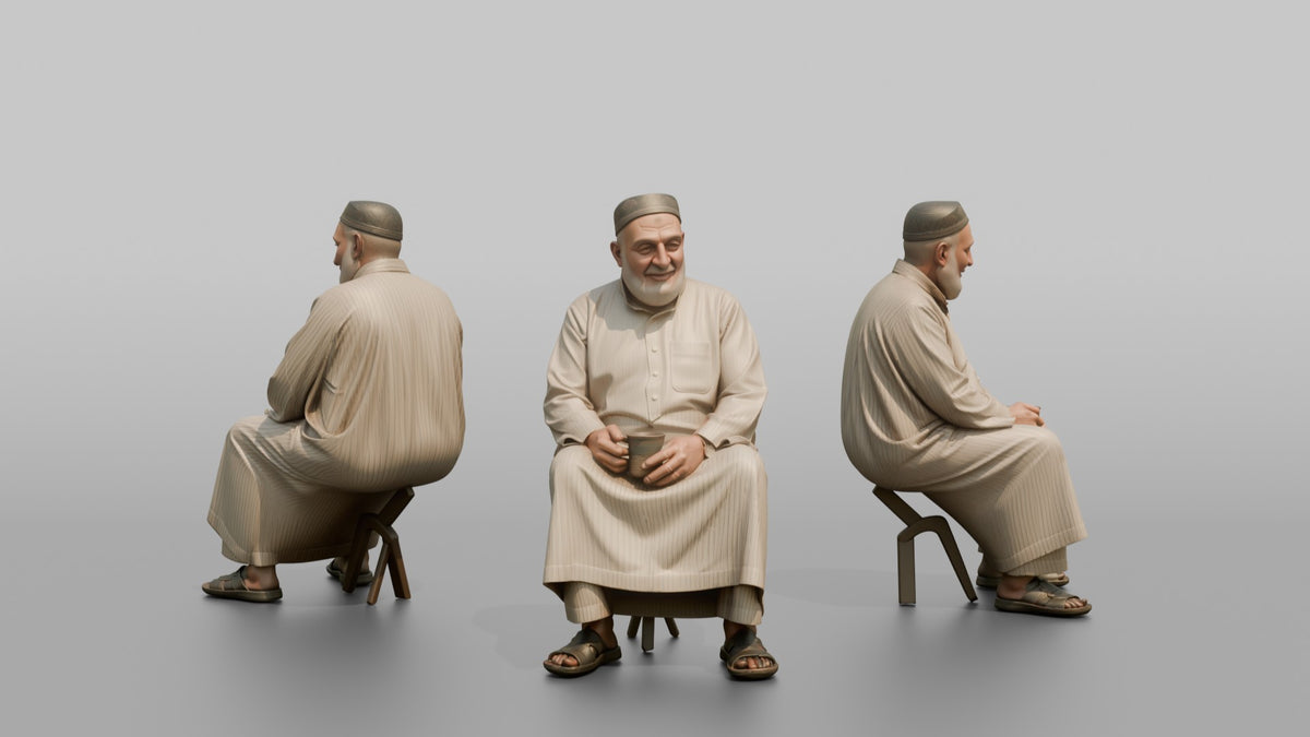 Grandfather Holding A Coffee Mug With Both Hands - 3D character model, view 1