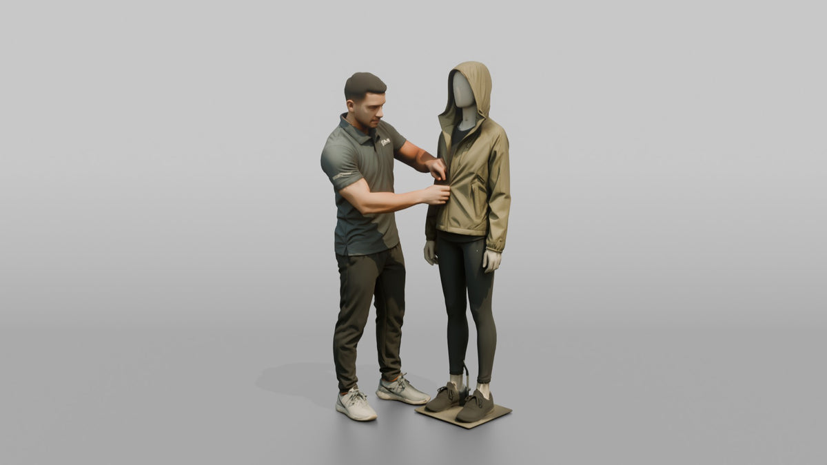 Man Sales Associate Dressing A Mannequin In A New Jacket - 3D character model, view 5